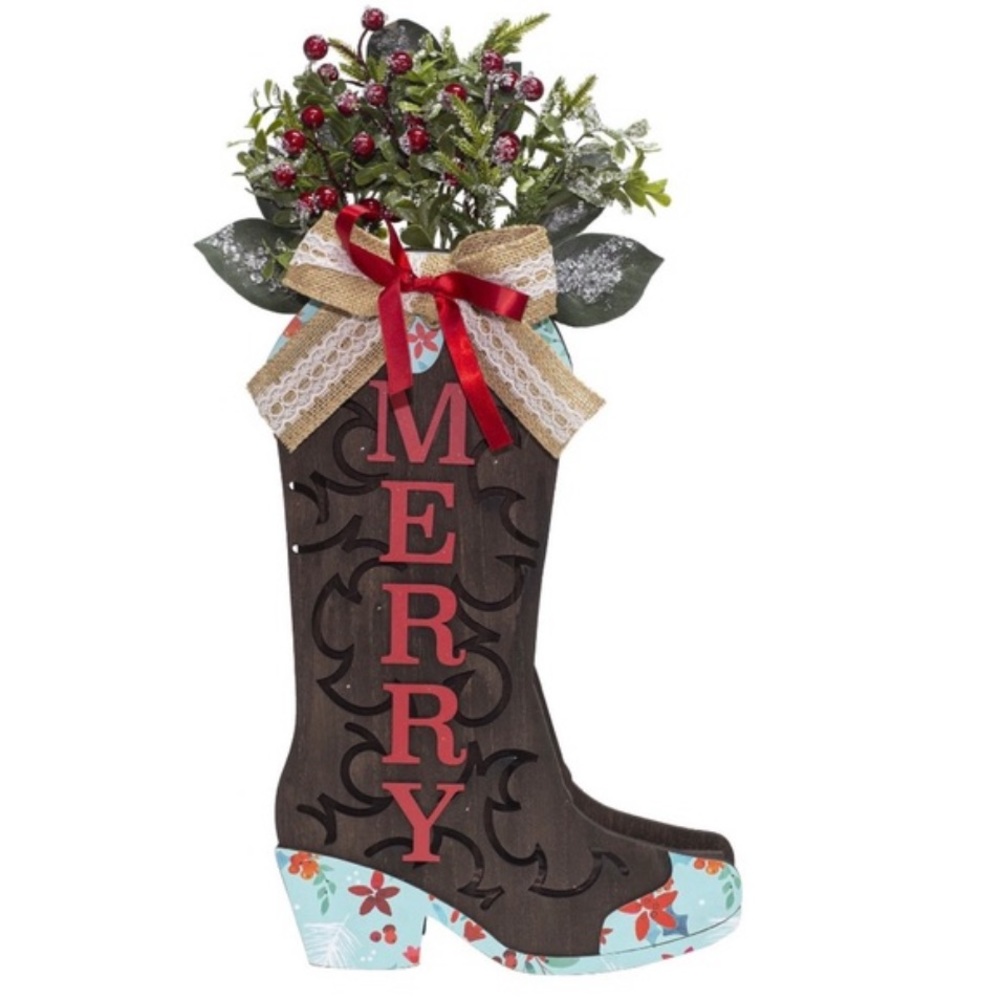 The Pioneer Woman Merry Wooden Boot Christmas Tabletop Decoration
